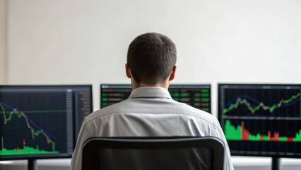 A person analyzes data from multiple screens displaying financial charts and graphs, focusing on market trends.