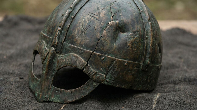 passphrase. Damaged Viking helmet with battle scars and dents, metallic texture. event programs, museum guides, designed for cultural heritage projects and event programs.