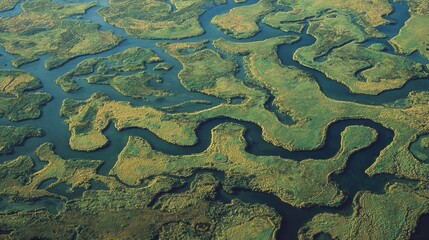 Aerial view of intricate wetland waterways forming natural patterns