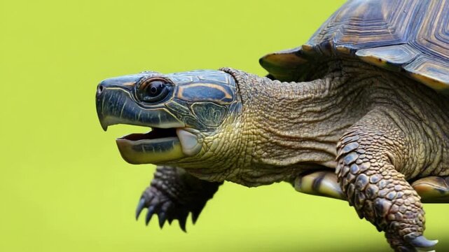 Close-up of snapping turtle with open mouth on green background
