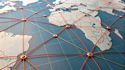 A detailed map of the world connected by colorful lines, illustrating global networks and communication pathways.