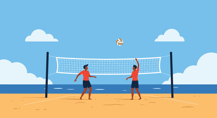 Obraz premium Two young men playing a game of beach volleyball on a sandy court by the ocean on a sunny summer day.