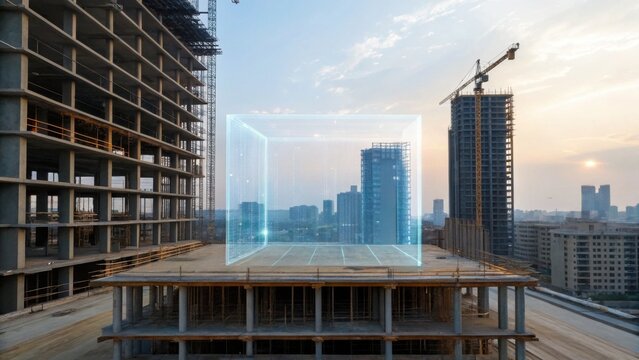 A futuristic construction site features a transparent cube amidst towering cranes and buildings under a sunset-lit sky.