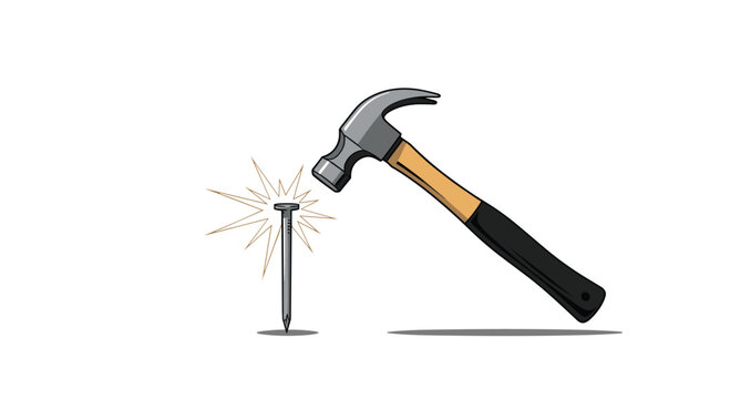 Cartoon illustration of a hammer hitting the head of a metal nail with a spark effect on a white background.