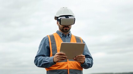 A construction worker wearing a VR headset and holding a tablet, focused on virtual technology in an outdoor setting.