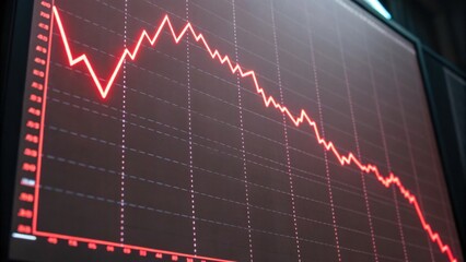 A red graph displays a downward trend, indicating a decline in values over time, commonly associated with stock market performance or financial analytics.
