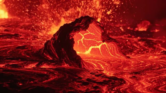 Volcanic molten orange and deep red material slowly flowing and buckling with extreme heat deformation creating abstract geological patterns earth, natural, patterns
