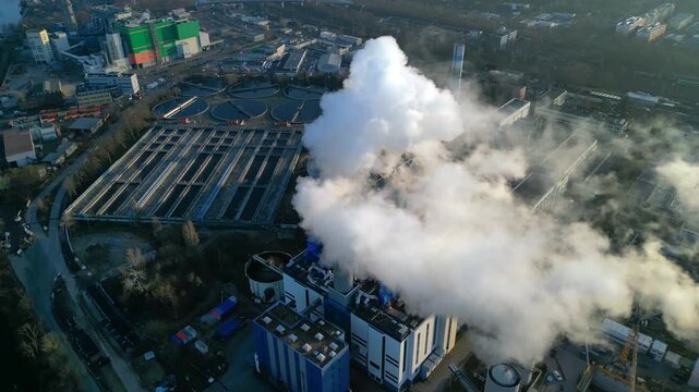 sewage treatment plant Industrial emitting smoke. Lovely aerial view drone