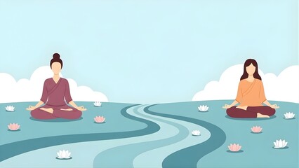 Obraz premium Two women practice peaceful meditation outdoors in a serene landscape with a flowing stream and flowers
