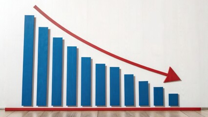 A declining bar graph with blue bars shows a downward trend represented by a red arrow, indicating a decrease in values or performance over time.