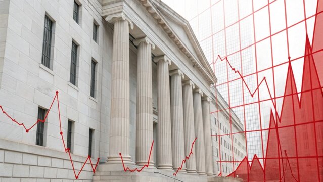 A modern financial building with classical architecture, overlaid with a red graph displaying market trends and fluctuations. - Powered by Adobe