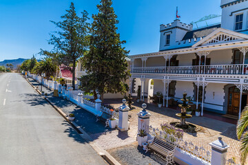 A view from the center of the main street of the Victorian  town of Matjiesfontein in the Western Cape  in South Africa in springtime