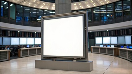 A modern trading floor featuring a large blank display screen surrounded by workstations and digital market data.