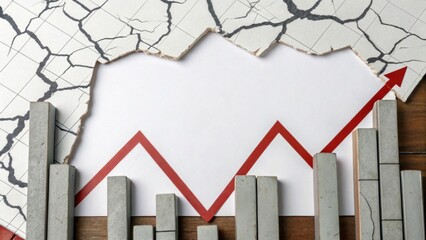 A torn paper backdrop reveals a rising graph with concrete blocks, symbolizing growth and resilience in a challenging environment.