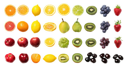 Colorful fruit slices and whole fruits in a grid
