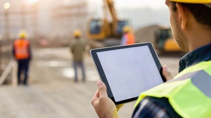 A construction worker using a tablet on-site, overseeing operations with machinery and other workers in the background.