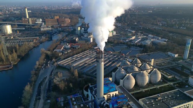 sewage treatment plant Industrial emitting smoke. Great aerial view drone
