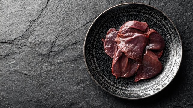 Top view of fresh raw liver slices arranged on an ornate black plate placed on a textured dark stone table. The image captures the rich color and texture of the meat, ideal for food presentation or cu