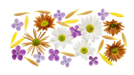 A collection of vibrant flowers and petals arranged in a visually appealing composition