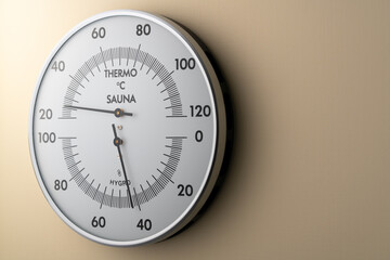 Side view of a round analog sauna thermo-hygrometer with a metal ring on a beige wall. Copy space. High resolution.
