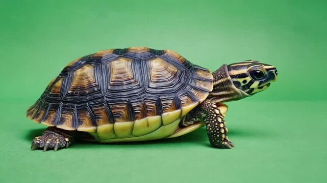 Cute turtle walking on green background, slow and steady movement