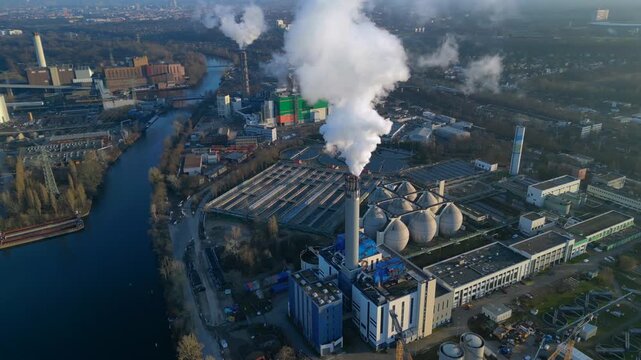 sewage treatment plant Industrial emitting smoke. Best aerial view drone