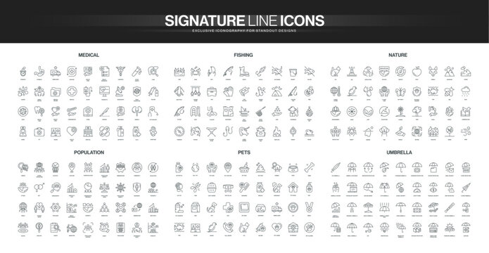 Collection of thin line icons covering medical, fishing, nature, population, pets, and umbrella themes, each set detailed for diverse informational and visual needs isolated vector illustration