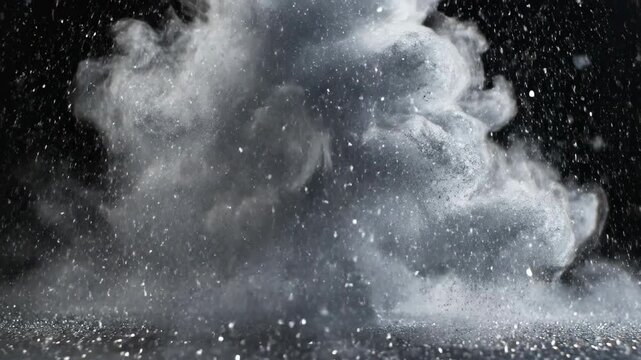 Volumetric cloud of ultra-fine silver dust and powder dramatically lifting upwards from a dark surface against a contrasting black background in surreal slow motion texture, particle simulation, ash