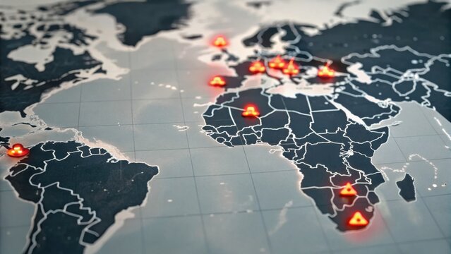 A digital map displaying highlighted locations across continents, marked by glowing icons, suggesting points of interest or data significance. - Powered by Adobe