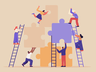 Teamwork and collaboration assembling a large puzzle with ladders and effort © Ramanath