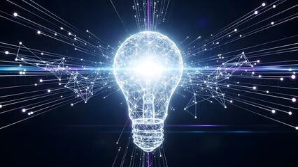 A glowing lightbulb with a network of lines and dots represents innovation and creativity in a dark background