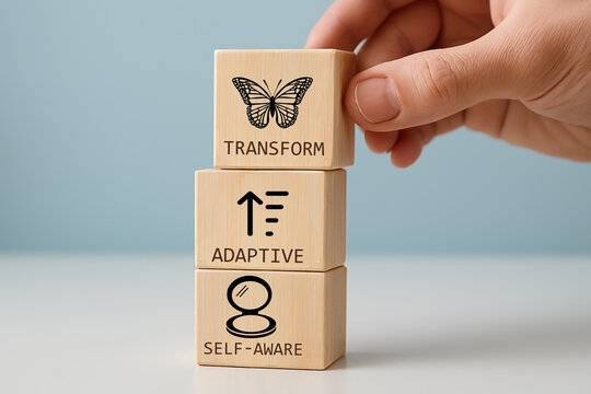 Personal growth concept. Hand stacking blocks labeled Self-Aware, Adaptive, and Transform. Symbolic representation of leadership, strategic development, branding identity, and innovation.