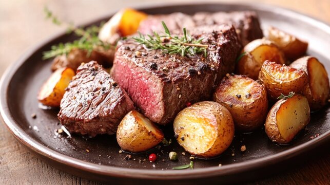 Grilled venison steak with roasted potatoes and herbs on a rustic plate, symbolizing gourmet wild game cuisine.