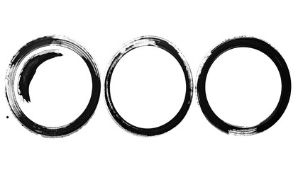 Three monochrome brushstroke circles side-by-side on black background