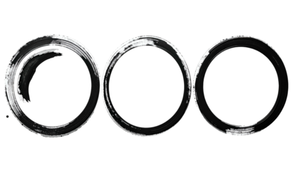 Three monochrome brushstroke circles side-by-side on black background