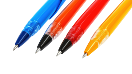Four pens of different colors are lined up on a white background