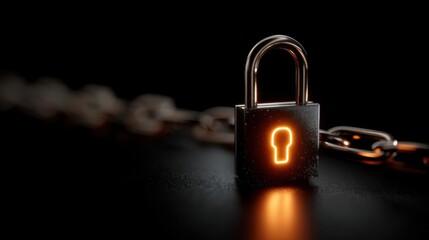 A lock is fixed on a short chain sitting on a dark surface. The keyhole shape on the lock glows softly symbolizing security and protection. This setup highlights the importance of safety.