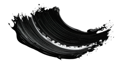 A swirling brushstroke of thick, glossy black paint against a contrasting black backdrop