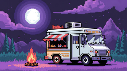 Pixel art food truck camping in purple night mountains with campfire and full moon