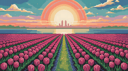 Pixel art tulip field at sunset with city skyline and rainbow