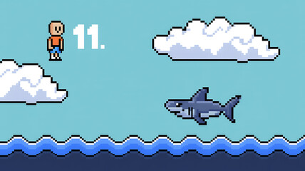 Pixel character facing shark above water with clouds in background