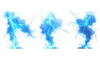 Three digital illustrations of stylized blue lightning effects erupting from the ground