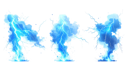 Three digital illustrations of stylized blue lightning effects erupting from the ground