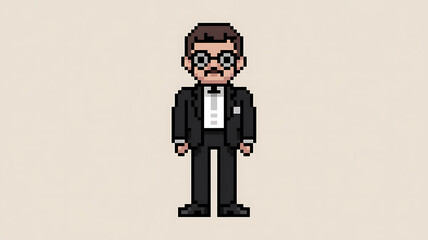 Pixelated man in tuxedo with glasses standing against plain background