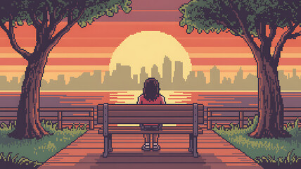Woman on park bench watching beautiful sunset over city and water in pixel art style