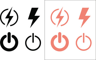 Electric Power and Lightning Icon Set &ndash; Black and Red Energy Symbols Including Power Button and Flash for Technology and UI Design