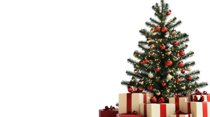 A Christmas tree with red and gold ornaments sits on top of a pile of presents