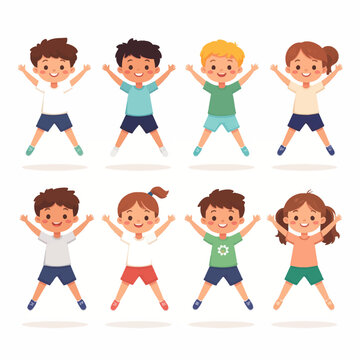 Eight happy cartoon children performing jumping jacks, illustrating exercise and active play.