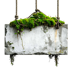 Weathered rectangular concrete sign, suspended by ropes, overgrown with vibrant green moss