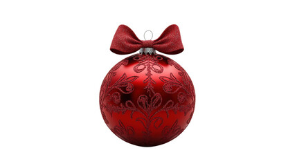 A red ornament with a bow is sitting on a white background